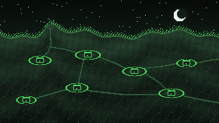 Pixel art: an ant colony seen in cross-section, tunnels connecting separate chambers.